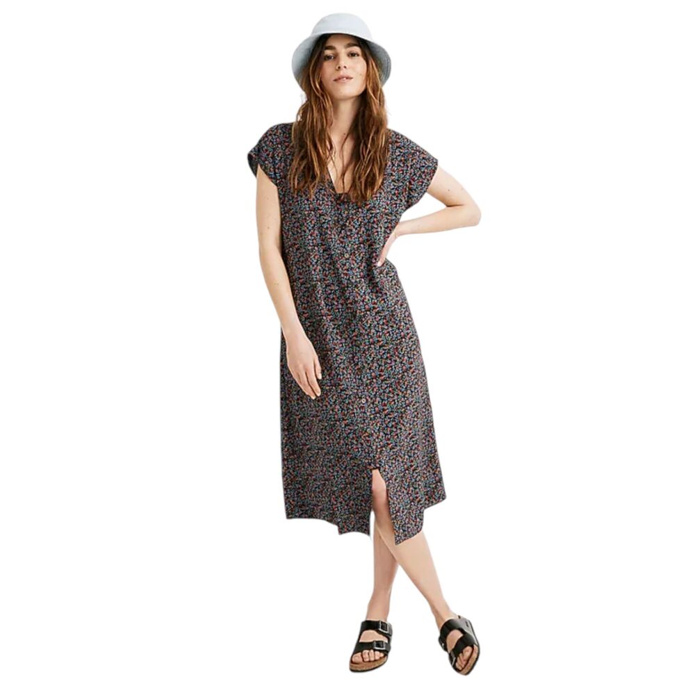 L Madewell Easy Midi Dress Fieldwalk Ditsy Floral V Neck Button Viscose